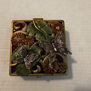 Enamel Butterfly Flower Trinket Box Multicolor Metal w/ Mirror & Lining 4"x2"
